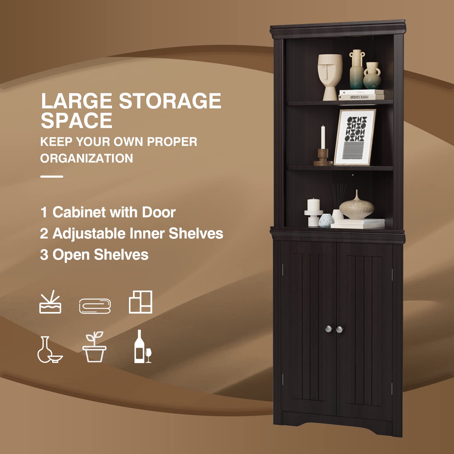 JUMMICO Corner Cabinet, Espresso, with 2 Doors and 3 Tier Shelves, Free Standing, Storage for Bathroom, Living Room, Bedroom or Kitchen