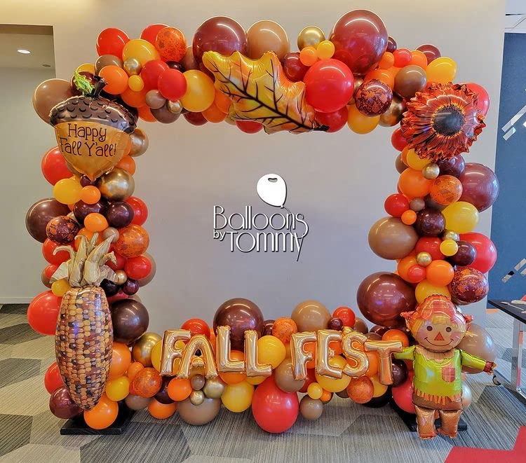 141Pcs Fall Balloon Arch Garland Kit-with Burnt Orange Burgundy Brown Yellow Gold Balloons Maple Leaves for Thanksgiving Friendsgiving Autumn Party Supplies Birthday Baby Shower Decorations