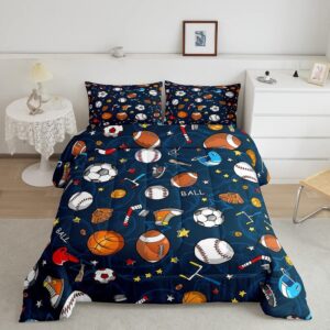 feelyou sports comforter set blue ball bedding set baseball football basketball comforter for kids boys girls competitive games duvet set room decor quilt king size boys