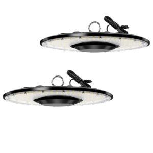 ufo led high bay light 150 w 22500 lm (eqv.600 w mh/hps) 5000 k 100-277 v 5 feet cable with us plug for warehouse workshop factory gym garage barn shop - etl listed (2 pack)