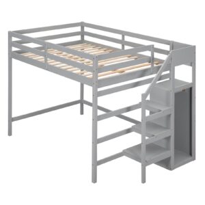 Bellemave Full Loft Bed with Stairs Wooden Loft Bed Frame with Storage Bookcase and Wardrobe Gray Loft Beds for Kids Boys Girls Teens Dorm Bedroom, Full Size