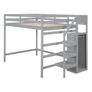 Bellemave Full Loft Bed with Stairs Wooden Loft Bed Frame with Storage Bookcase and Wardrobe Gray Loft Beds for Kids Boys Girls Teens Dorm Bedroom, Full Size