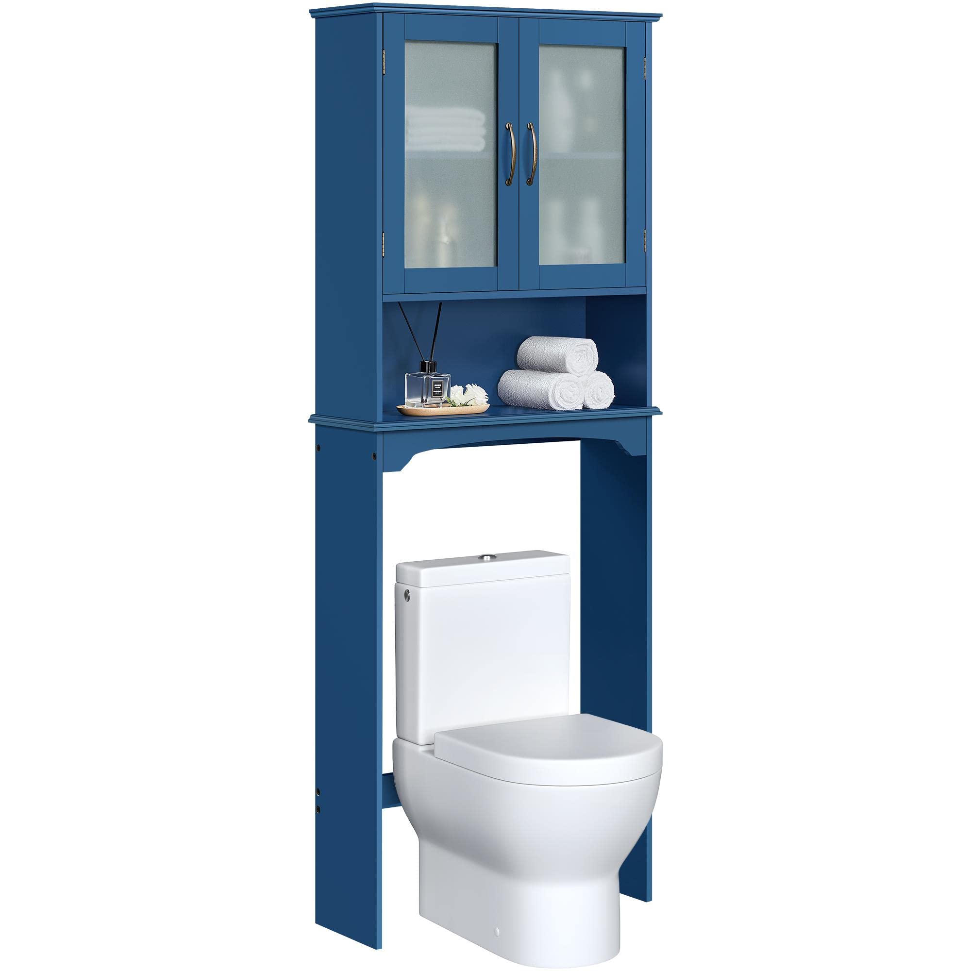 Topeakmart Over The Toilet Storage with 2-Door Tempered Glass Cabinet, Wooden Space-Saving with Toilet Rack and Inner Adjustable Shelf, L25xW9xH66, Navy Blue