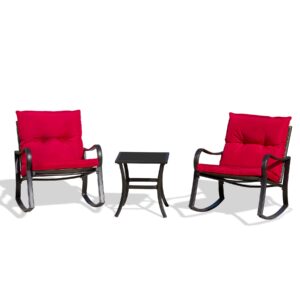 domi 3 piece rocking chair patio bistro set balcony chairs iron conversation sets outdoor furniture with glass coffee table for porch poolside lawn (red, curved armrest)