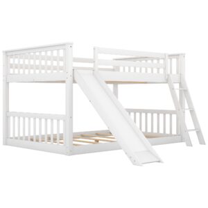 Harper & Bright Designs Kids Floor Bunk Beds, Full Over Full Bunk Bed with Convertible Slide and Ladder, Wooden Low Bunk Bed Frame for Kids, Toddlers, Teens, No Box Spring Needed (Full, White)