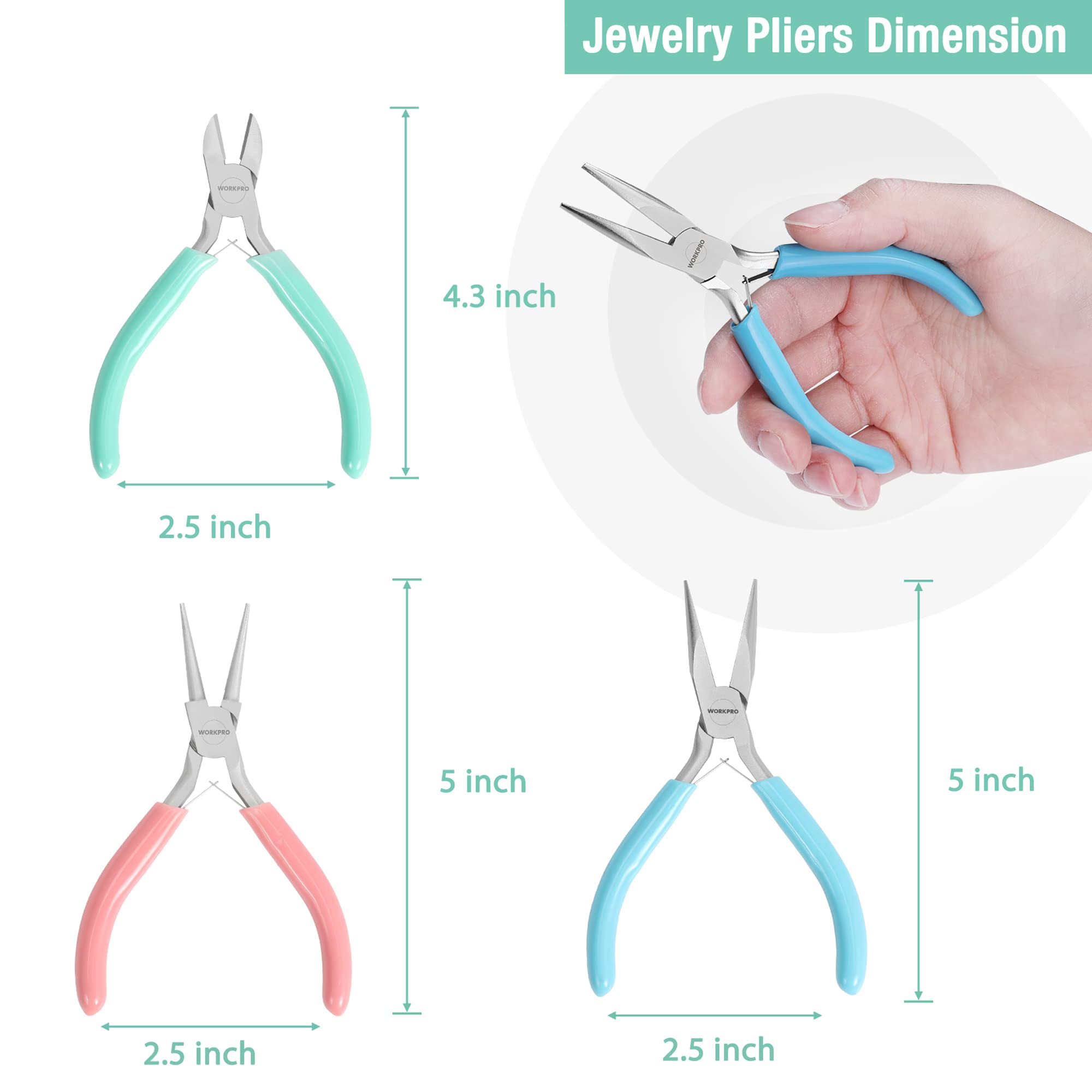 WORKPRO Jewelry Pliers Set, 3 Pack Jewelry Making Tool Kit Includes Mini Needle Nose Pliers/Chain Nose Pliers, Round Nose Pliers and Wire Cutter for Jewelry Repair, DIY Crafts, Jewelry Making Supplies