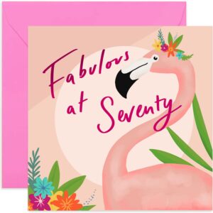 old english co. pink flamingo 70th birthday card - seventieth birthday cards for women | mum, sister, grandmother | blank inside & envelope included