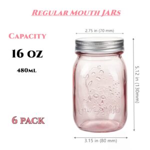 Amzcku 16 oz Rose Pink Mason Jars with Lids, 6 Pack Regular Mouth Quart Canning Jar, Safe For Storage, Canning, Pickling, Preserving, Fermenting, DIY Crafts & Decor