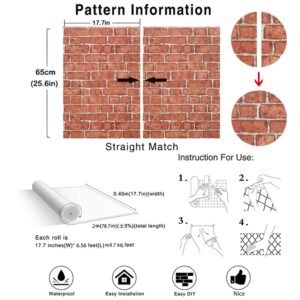 Naphite Red Brick Wallpaper Peel and Stick Removable Self Adhesive Faux Brick Wallpaper Fake Brick Stick on Wallpaper Brick Contact Paper Brick Wall Paper Textured Wallpaper Waterproof17.7×78.7 inches