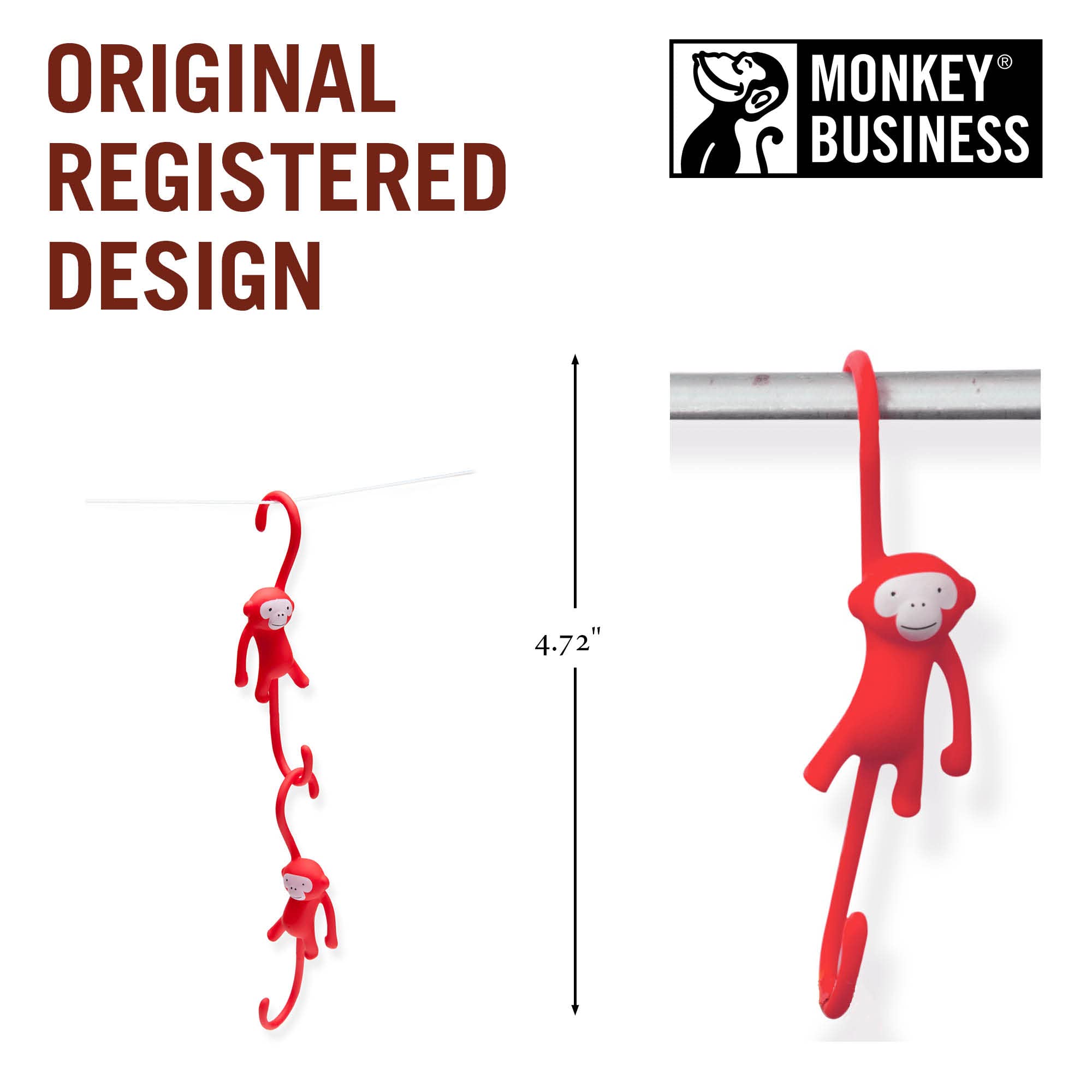 Monkey Business Just Hanging: Fun Kitchen Hooks/Set of 3 Monkey Hangers/S Shaped Hooks with a Twist (Red)