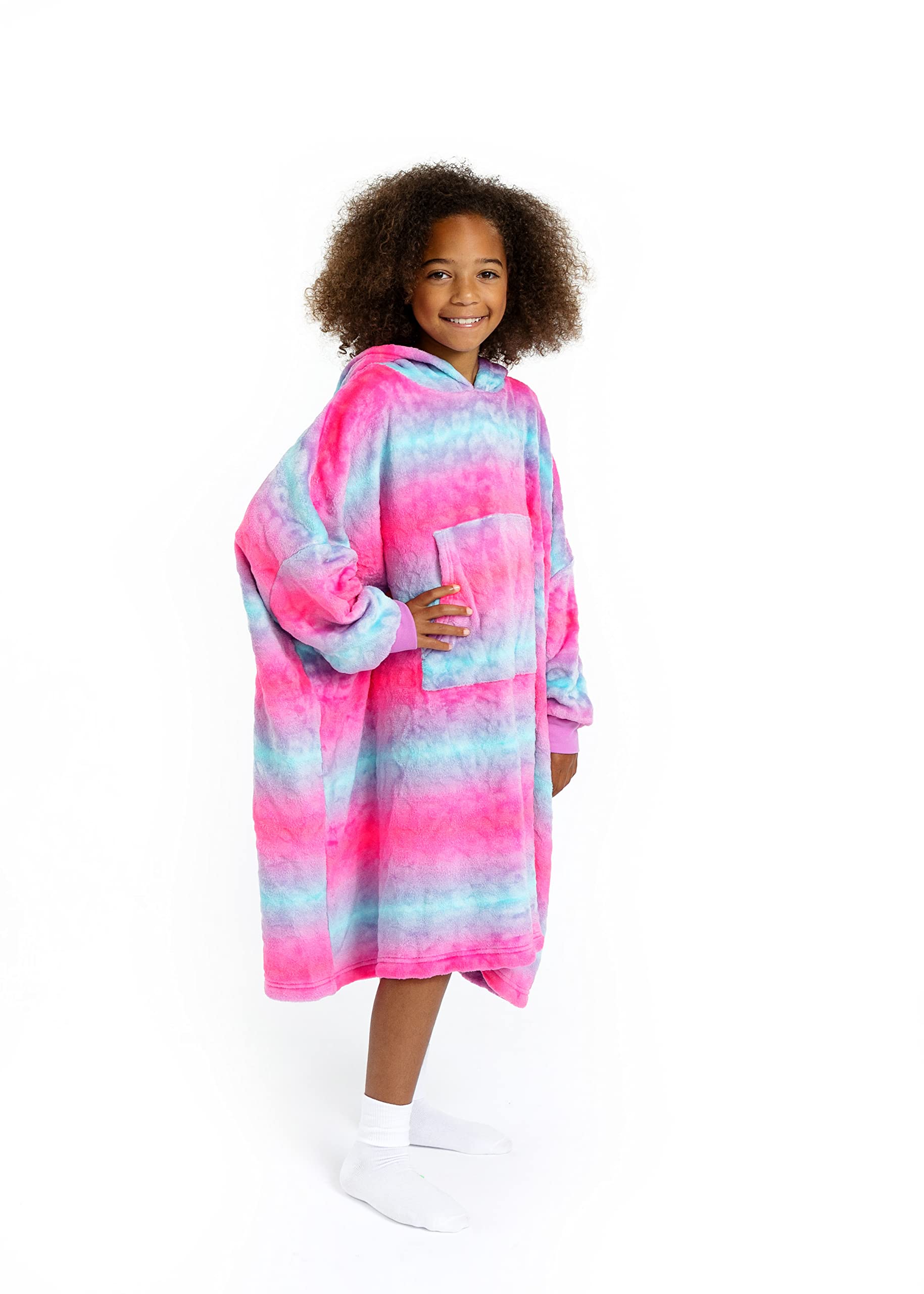 Sleep On It Pajamas Wearable Blanket Hoodie For Kids Oversized Hooded Blanket Sweatshirt for Girls Plush Sherpa Fleece (Pink Ombre, M/L)