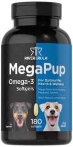 horbäach omega 3 fish oil for dogs | 180 softgels | mega pup for optimal pet health & wellness | lemon flavor | non-gmo, gluten free supplement | by river & rula