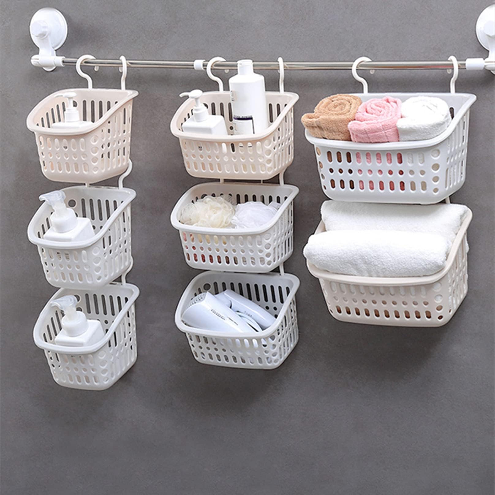 Doitxue 5PCS Plastic Hanging Baskets for Shower, Hanging Basket Organizer with Hooks, Square 6.3Inches Small Hanging Storage Basket (Beige)