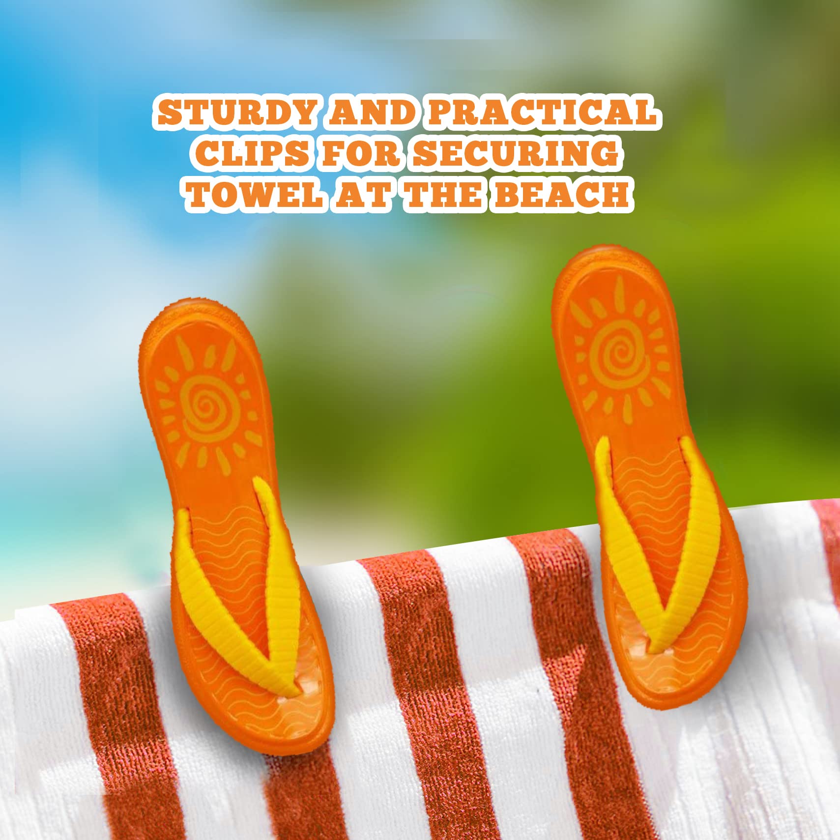 PERFORMORE Flip Flop Beach Towel Clips (Orange), 2-Pack, Portable Towel Holder Clips, Secure Clips for Beach Chairs Deck Patio Pool Boat Cruise Lounge Chair Accessories