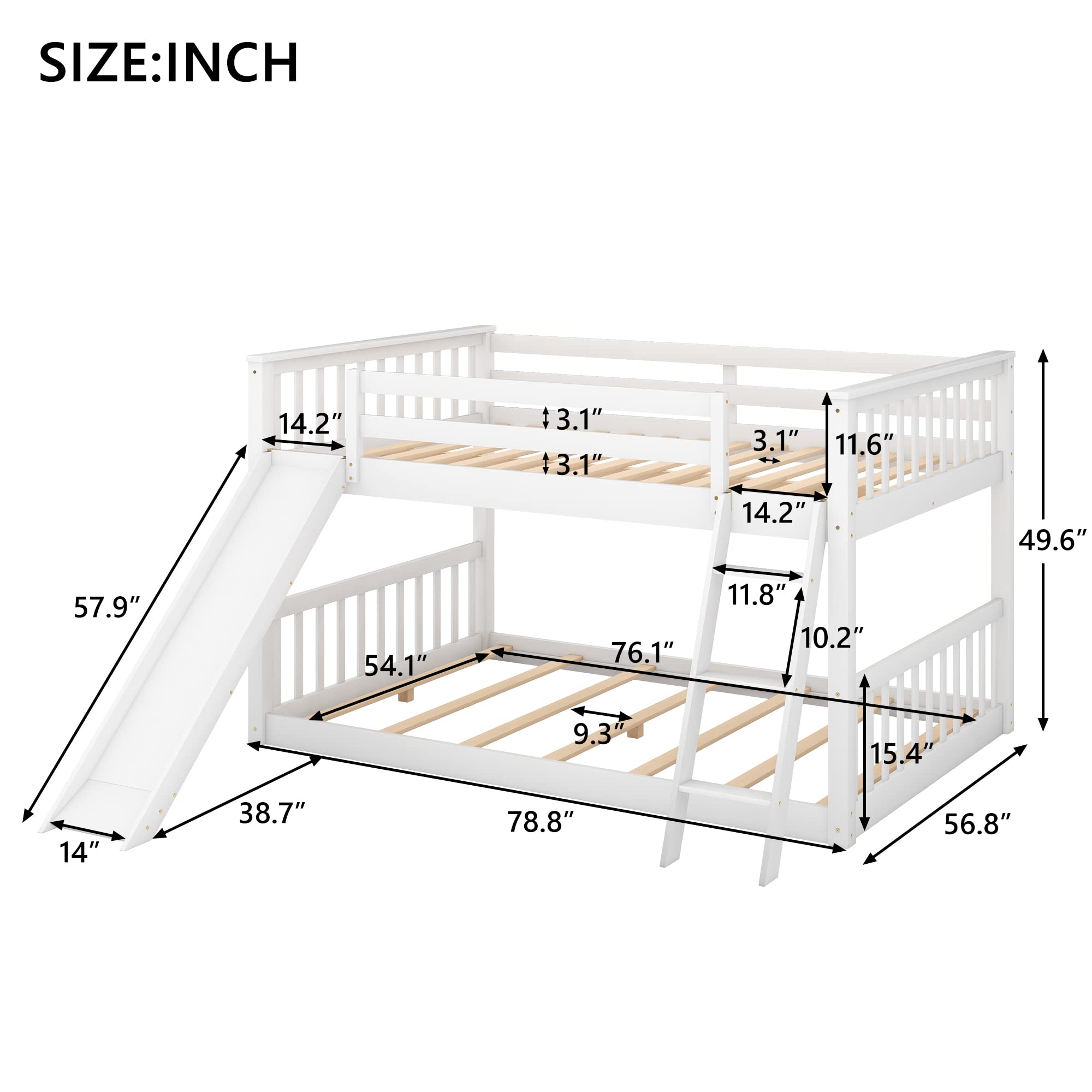 Harper & Bright Designs Kids Floor Bunk Beds, Full Over Full Bunk Bed with Convertible Slide and Ladder, Wooden Low Bunk Bed Frame for Kids, Toddlers, Teens, No Box Spring Needed (Full, White)