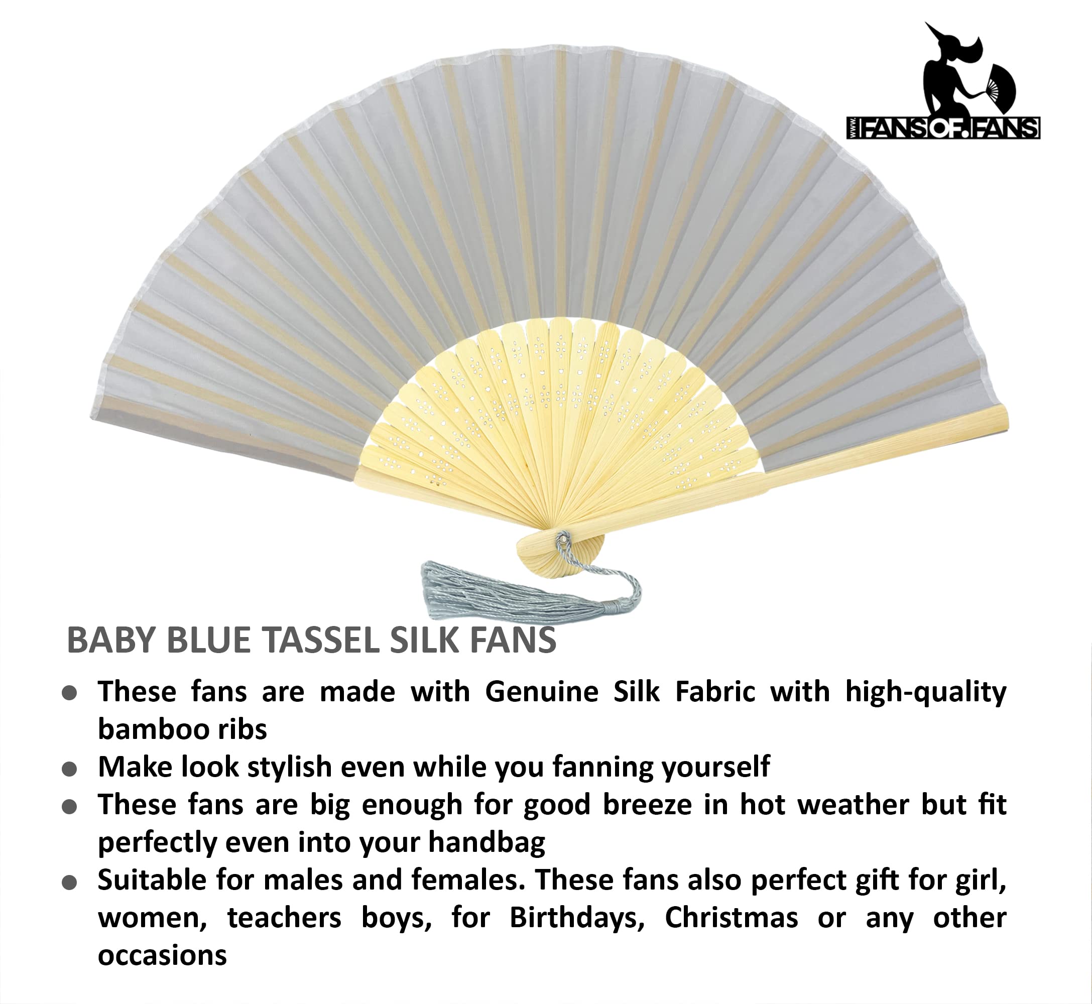 FANSOF.FANS Fabric Handheld Folding Hand Fan With a Tassel Grade A Bamboo Ribs for Women Girls Summer Party Event Favor Birthday Wedding Souvenir Gift (Baby Grey)