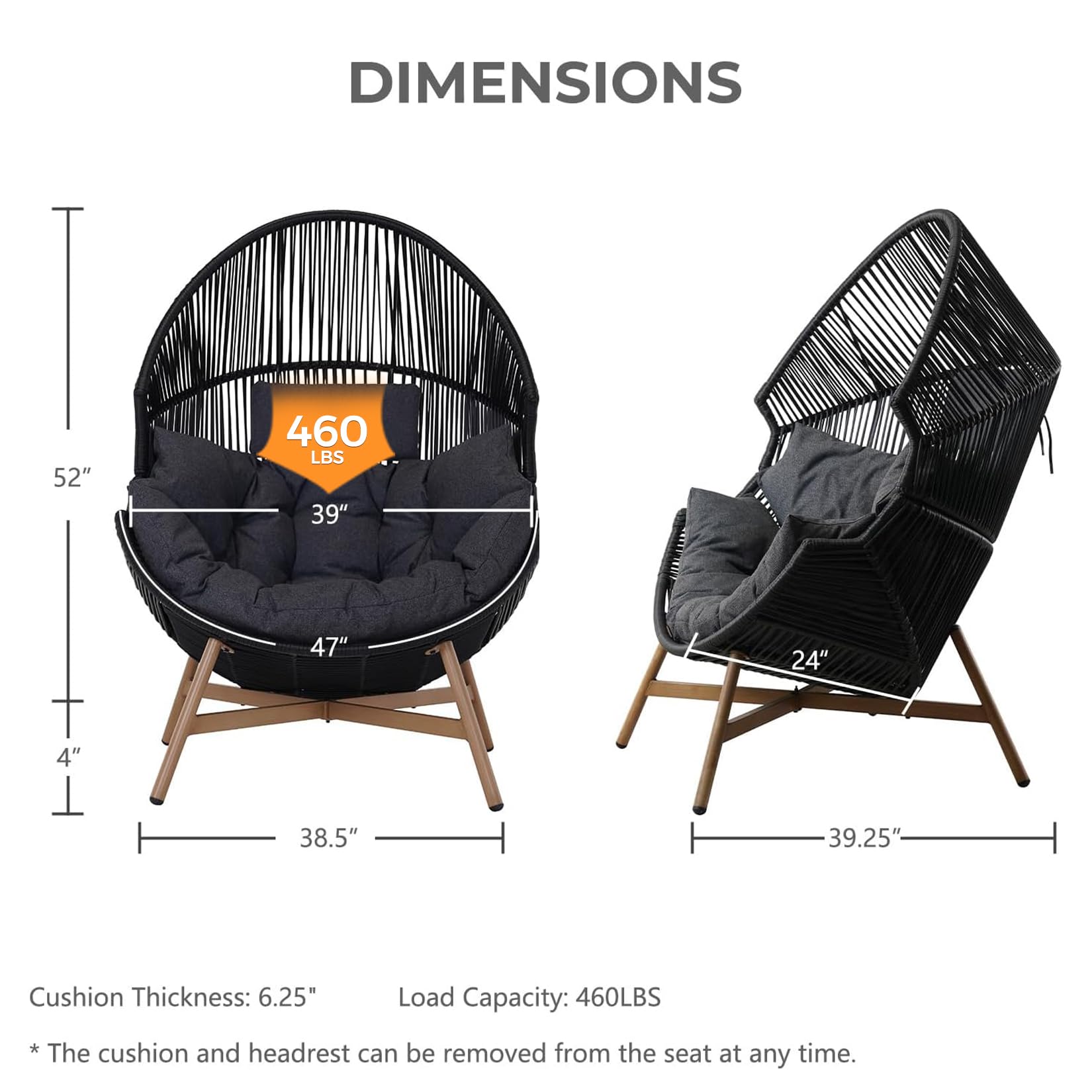 Grand patio Outdoor & Indoor Egg Chair 2PC, PE Wicker Open Weave Wood Grain Finish Oversized Egg Cocoon Chairs with Stand Lounge Chair Comfortable for Front Porch, Living Room, Bedroom (Dark Grey 2PC)