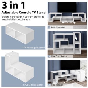 Tangkula 3 Pieces Console TV Stand, Free-Combination Entertainment Center for 50 55 60 65 Inch TV, Minimalist Modern TV Media Stand, DIY Open Storage Bookcase Shelf for Living Room (White)