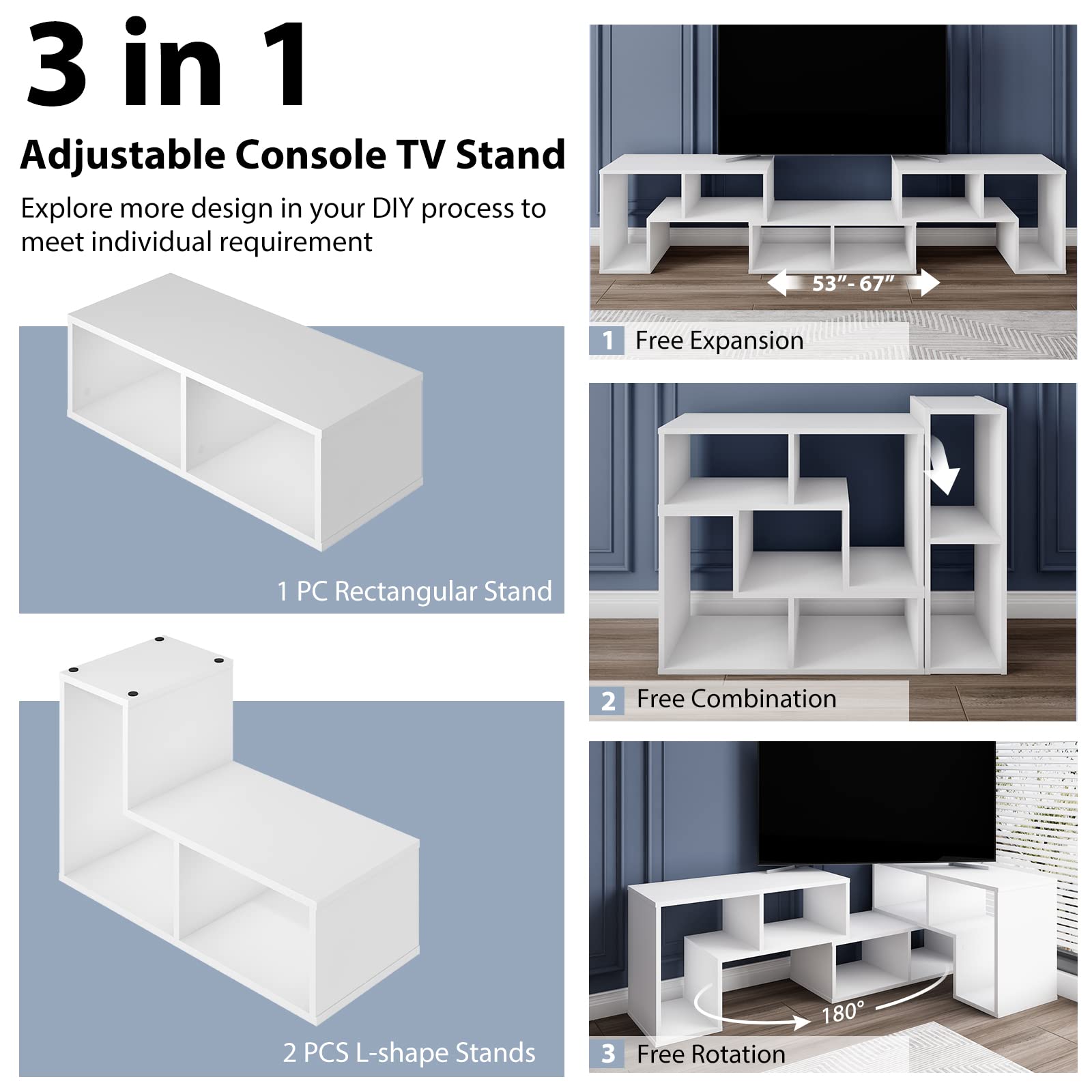 Tangkula 3 Pieces Console TV Stand, Free-Combination Entertainment Center for 50 55 60 65 Inch TV, Minimalist Modern TV Media Stand, DIY Open Storage Bookcase Shelf for Living Room (White)