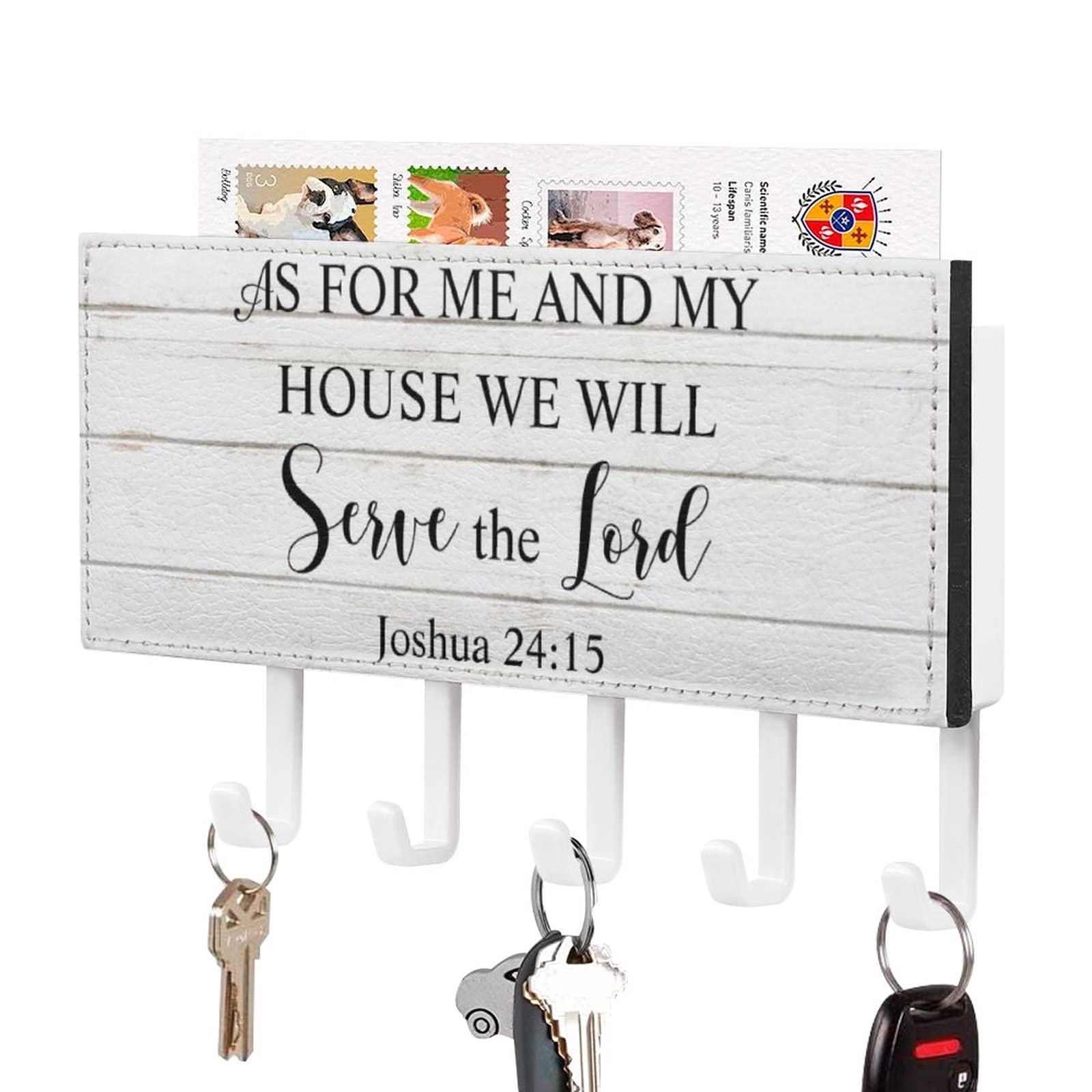 As for Me and My House We Will Serve The Lord Key Holder Wall Mount Key Rack Christian Saying Self Adhesive Key Hanging Rack Rustic Decoration for Entryway Mudroom Hallway Office 7x4 inch