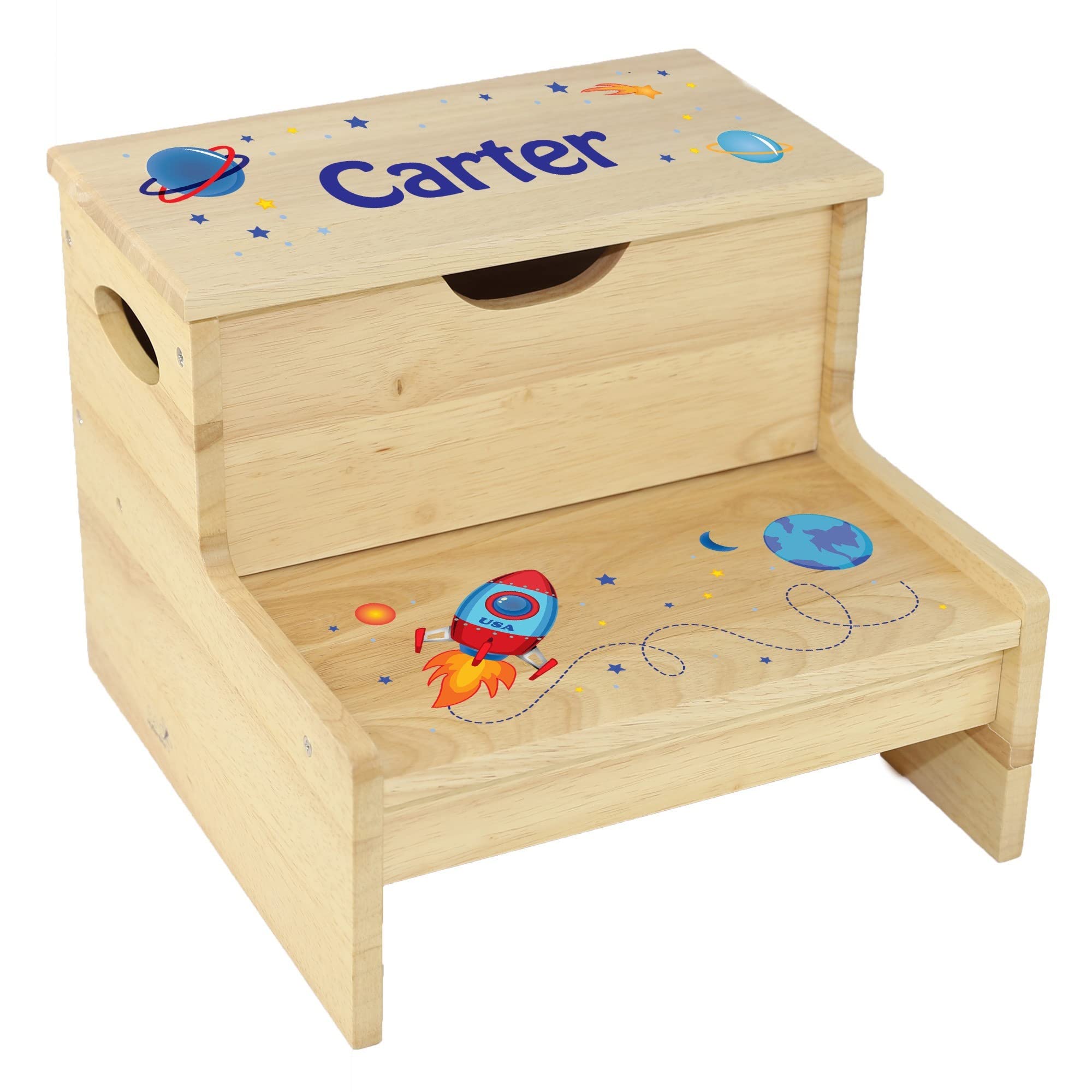 Custom Wood Storage Step Stool for Baby Toddler Boy - Rocket Space Ship Design and Name