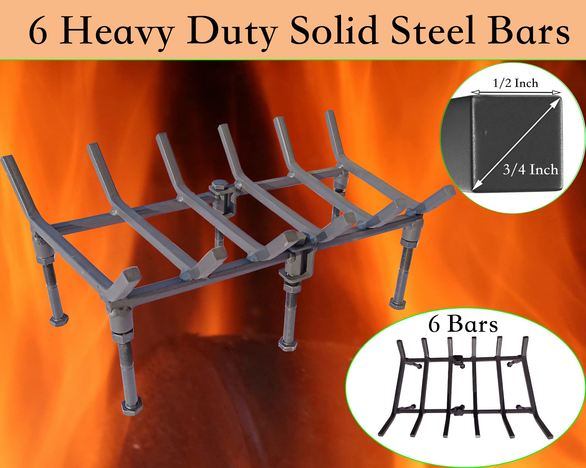 TAFIEDA Fireplace Log Holder. 18 Inches Heavy Duty Solid Steel Fireplace Grate. Upgrade Adjustable Fireplace Grate 6 Solid Steel Feet with 6 Bar Fireplace Wood Holder. Best Fireplace Accessories.