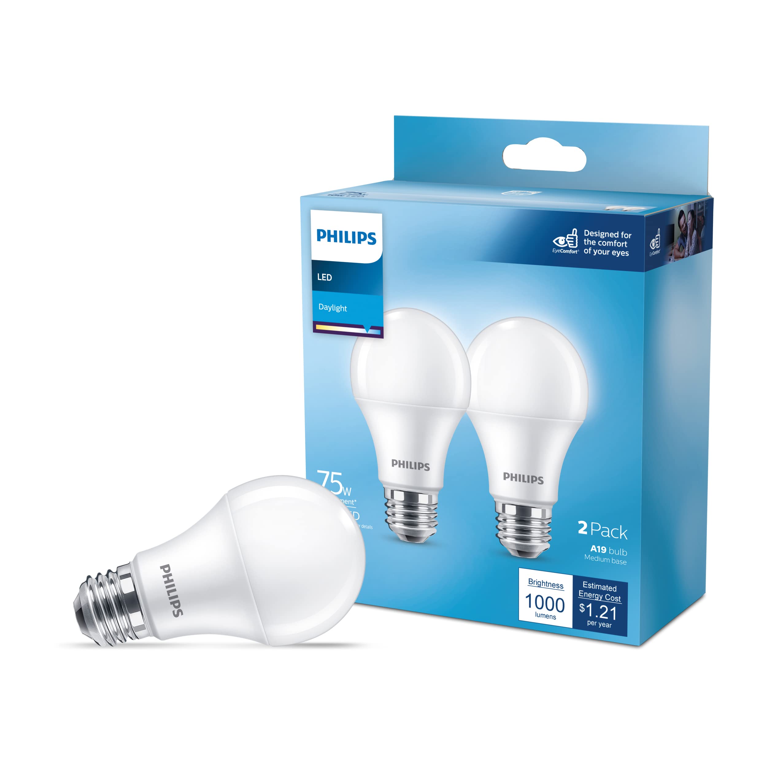 PHILIPS LED Basic Frosted Non-Dimmable A19 Light Bulb - EyeComfort Technology - 1000 Lumen - Daylight (5000K) - 10W=75W - E26 Base - Indoor - 8-Pack