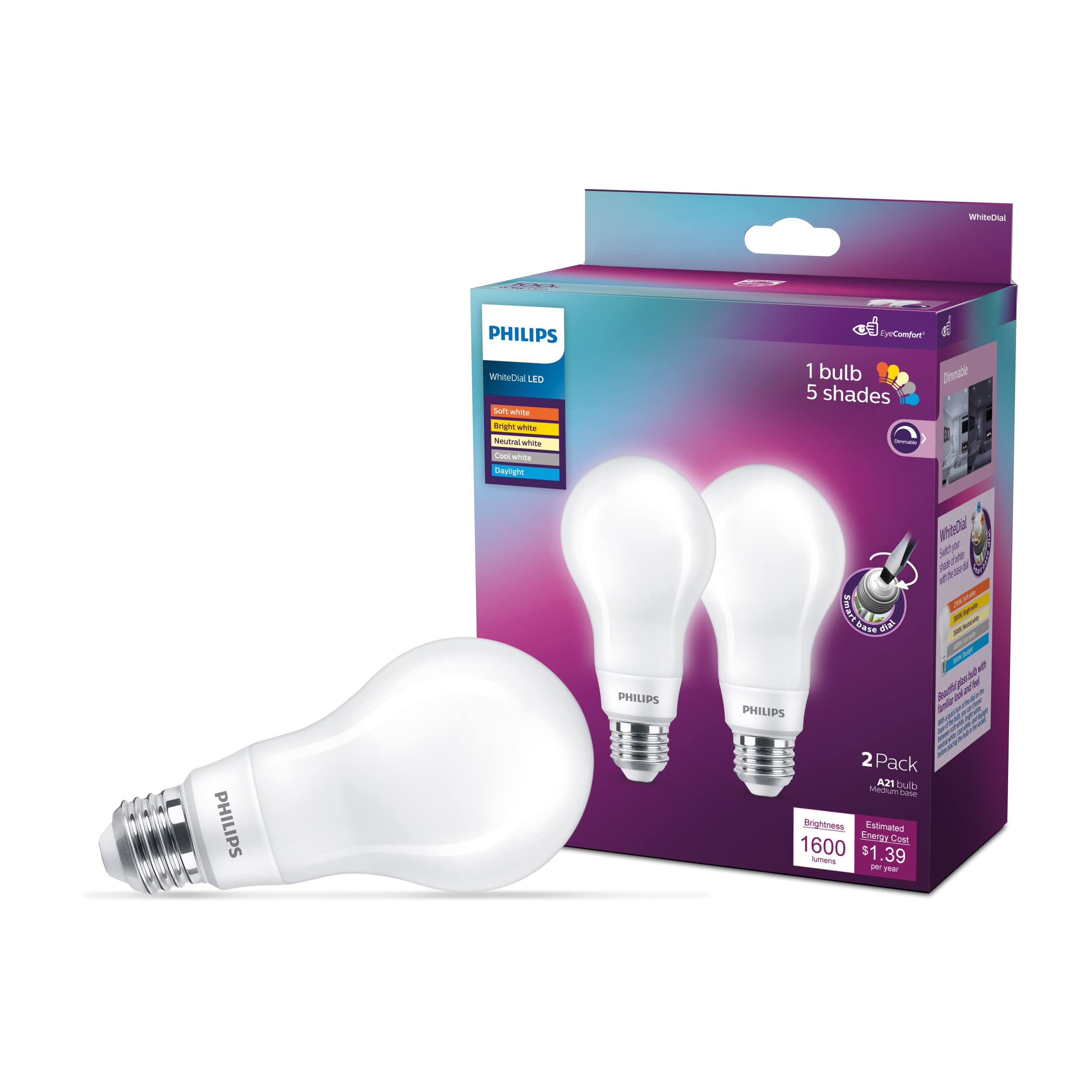 PHILIPS LED White Dial Flicker-Free Frosted Dimmable A21 Light Bulb - EyeComfort Technology - 1600 Lumen - 5 Shades of White - 12W=100W - E26 Base - Indoor - 2-Pack