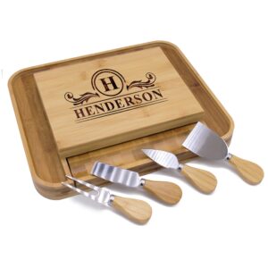 The Wedding Party Store Personalized Premium Charcuterie Cheese Board Tray Set with Spreader Utensil Tools with Any Name (Bamboo - Name Initial Style)