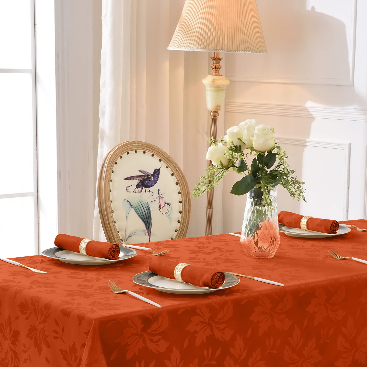 Romanstile Fall Jacquard Rectangle Tablecloth - Thanksgiving Harvest Waterproof Table Cloths Autumn Heavy Weight Fabric Table Covers for Dinner/Parties/Holiday - 52 x 70 Inch, Burnt Orange