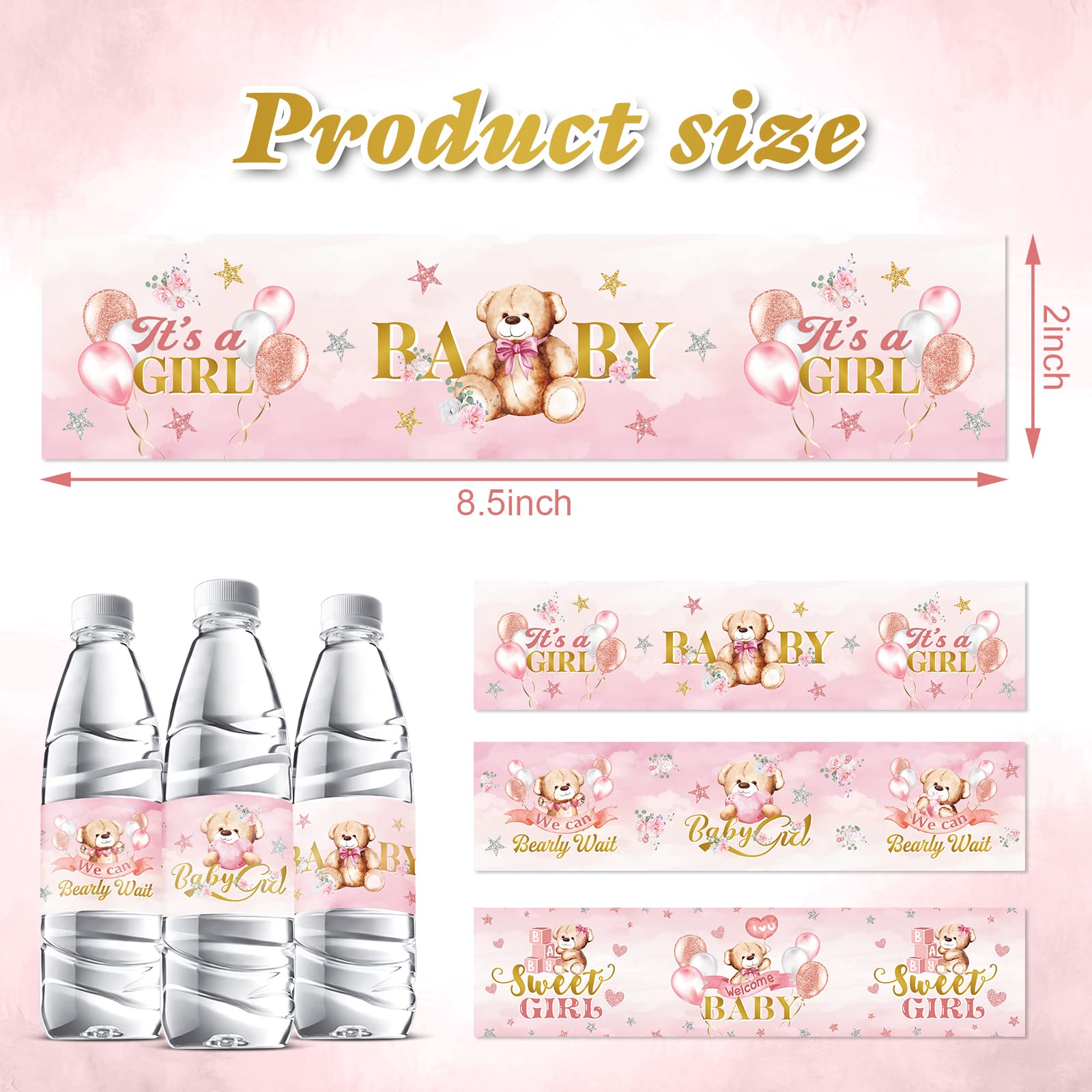 Clabby 39 Pieces Baby Shower Water Bottle Labels Shower Water Bottle Stickers Wrappers Waterproof Baby Shower Labels for Baby Shower Party Decoration (Pink)