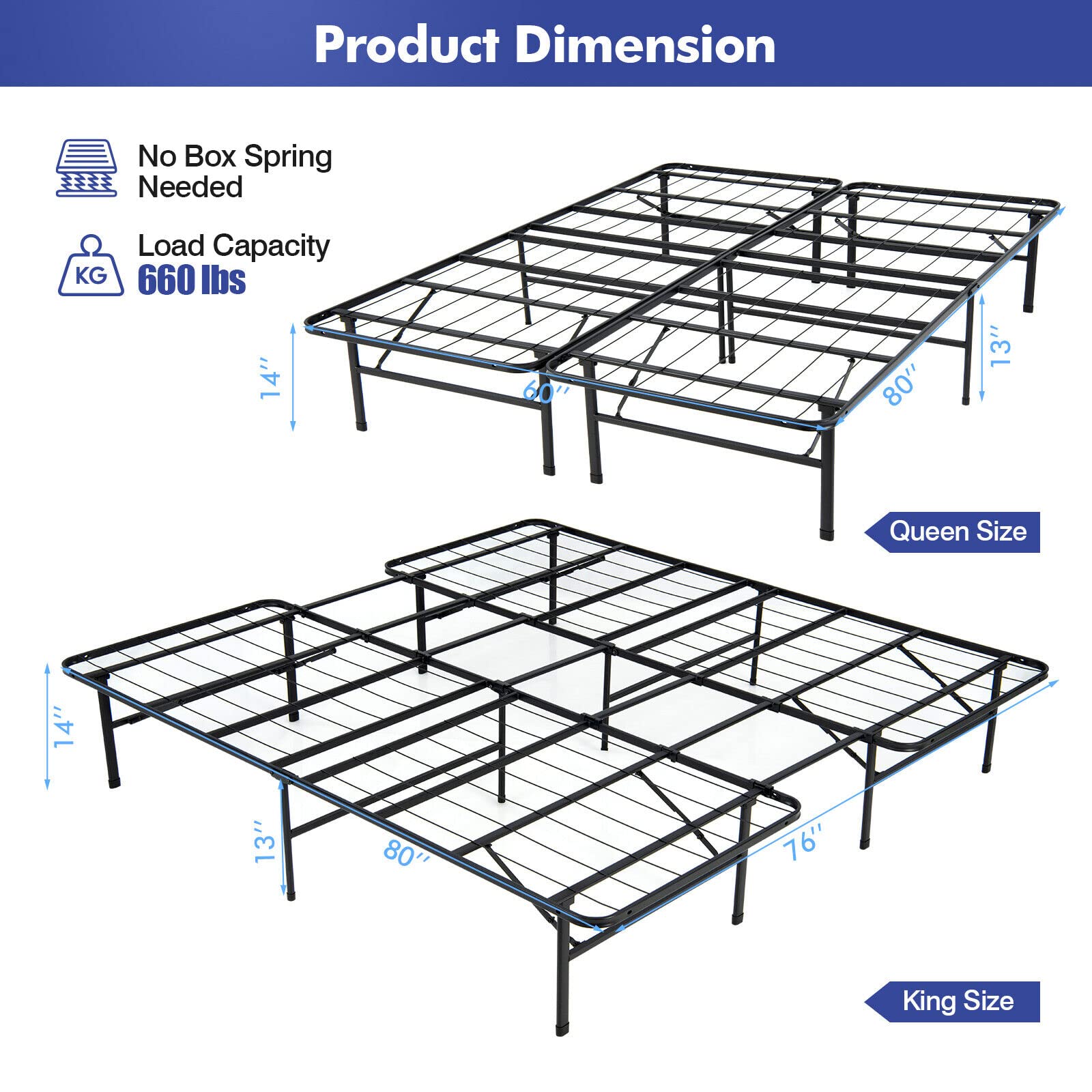 Giantex Folding Bed Frame, Queen/King Size Portable Bed Base for Kids, Teens & Adults, Tool-Free Assembly, No Box Spring Needed, 660 LBS Capacity, Steel Platform Bed