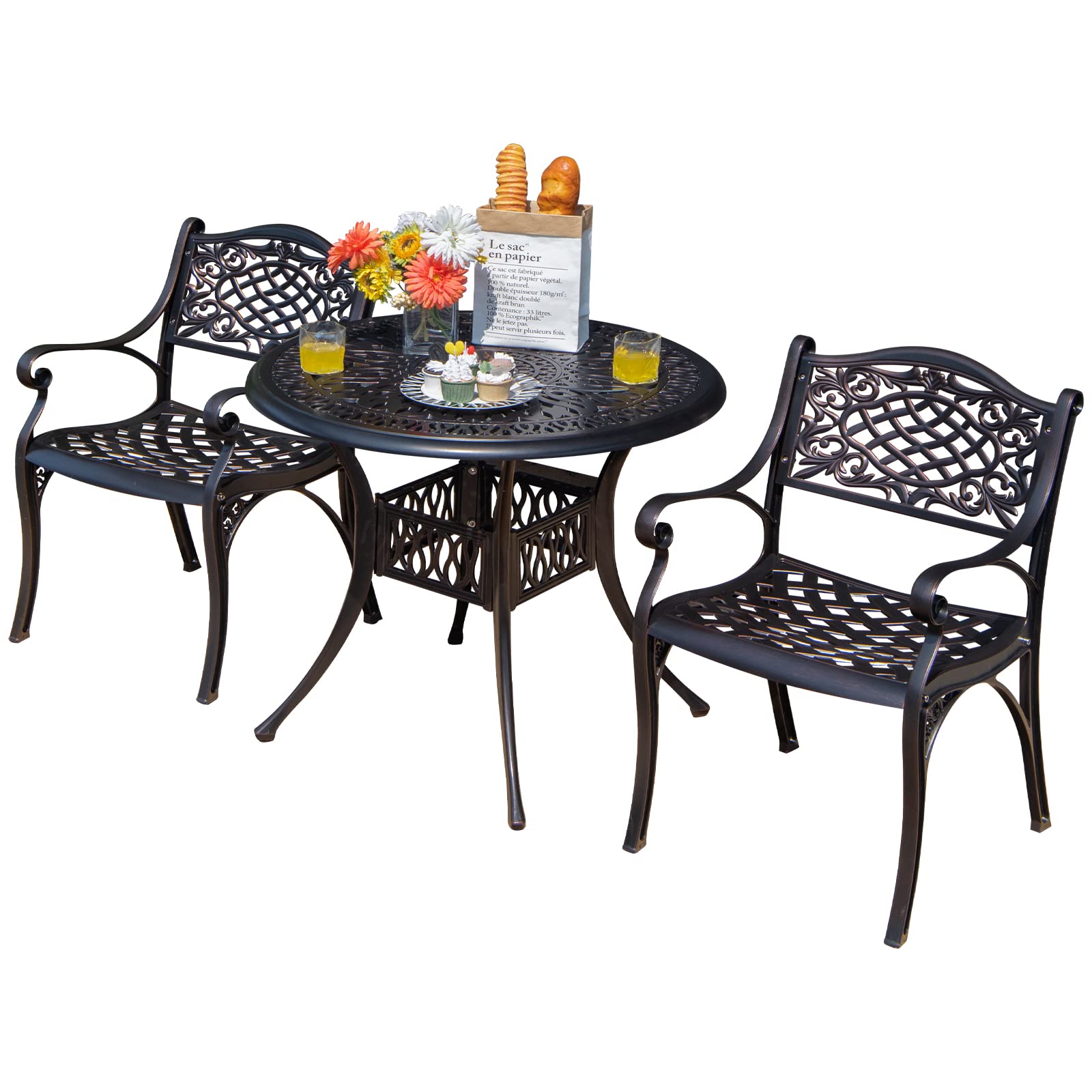 Tangkula 3 Pieces Cast Aluminum Patio Bistro Set, Outdoor Bistro Table Set with Umbrella Hole, Outdoor Patio Table and Chairs Furniture for Porch and Balcony