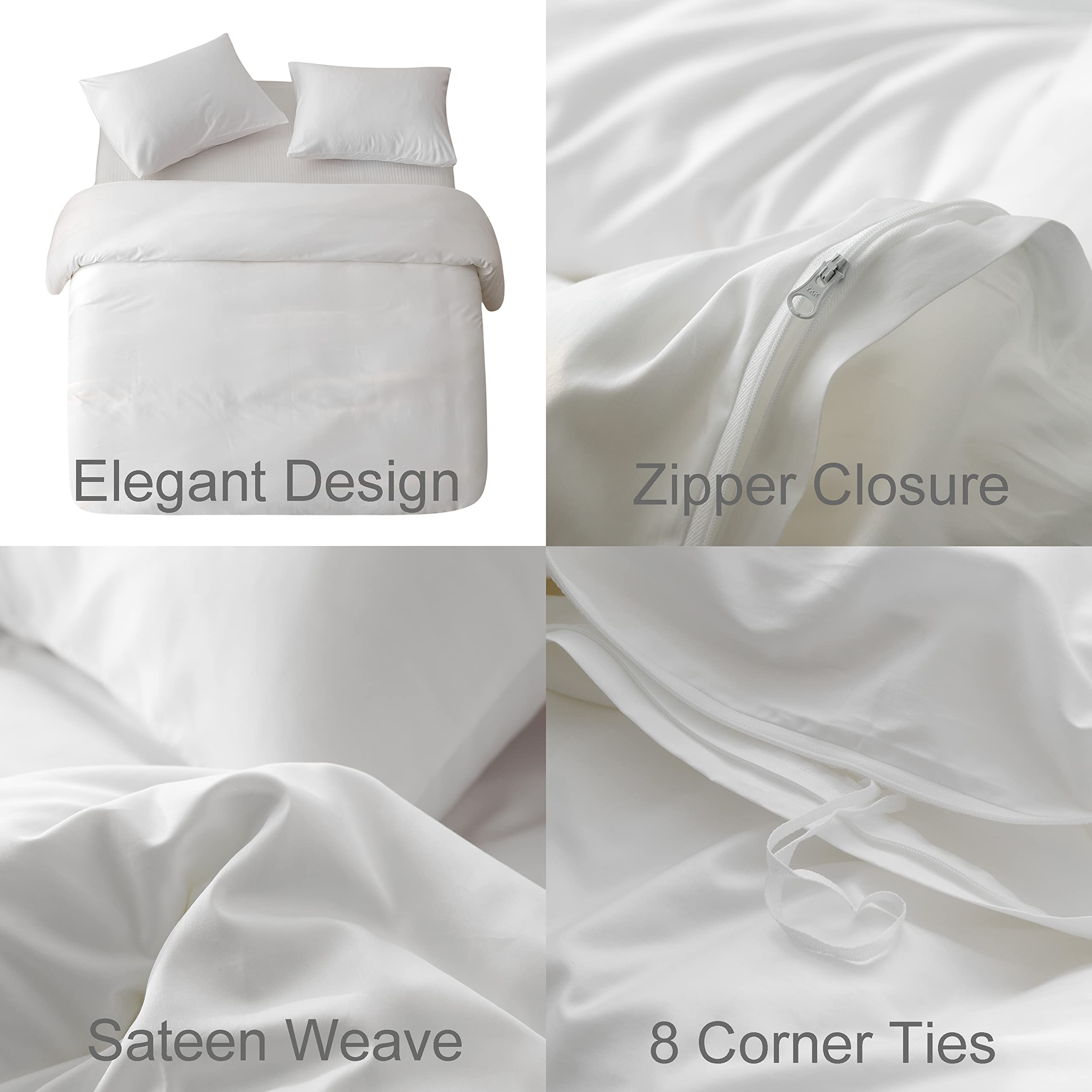 HeimenAogo Egyptian Cotton Duvet Cover Queen Size Sateen Weave, Silky Soft and Breathable Bedding Set with Zipper Closure, Long Staple Cotton Bed Linen Pure White 3Pcs (90"×90")