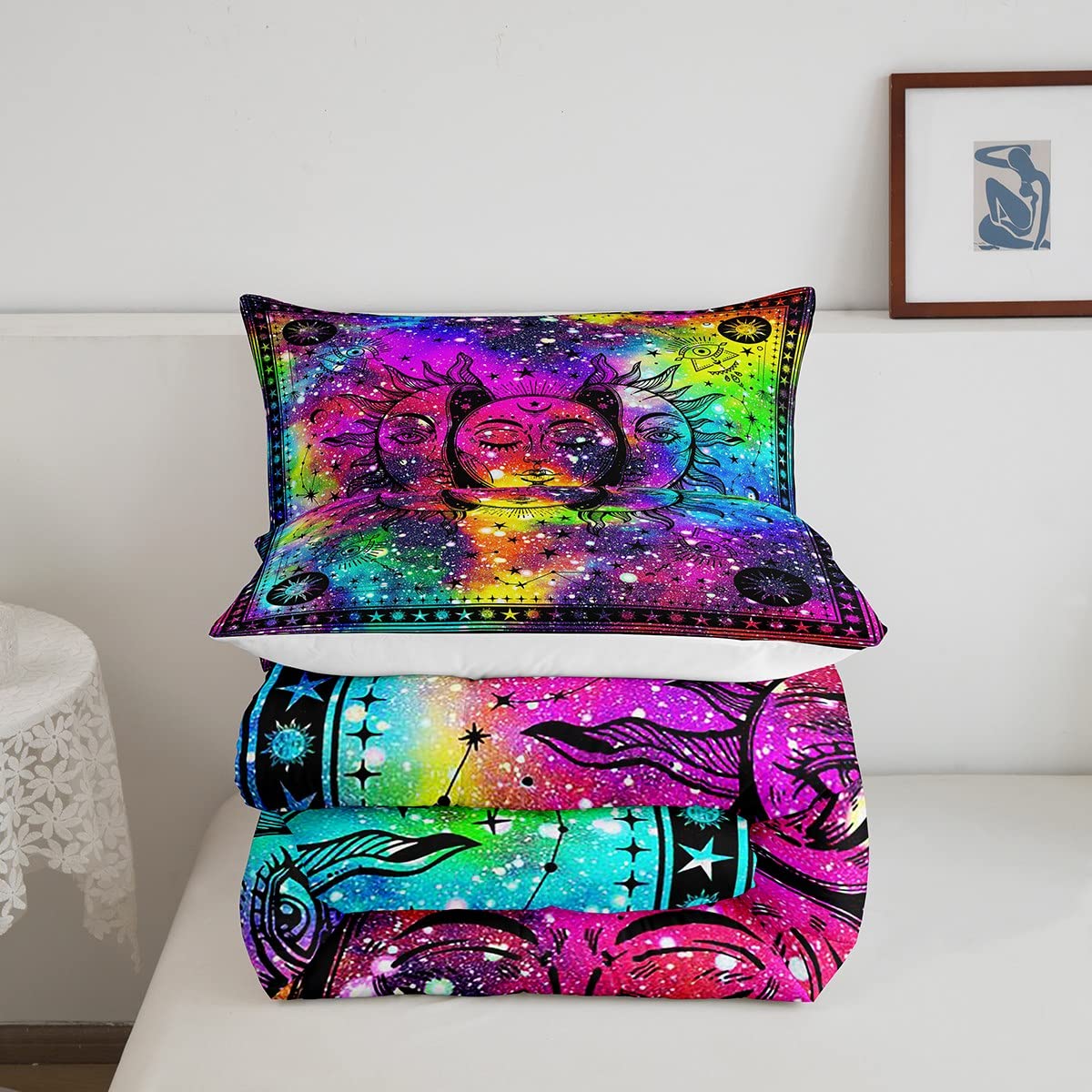 Erosebridal Bohemian Sun Moon Comforter Boho Hippie Bedding Set King 3 Piece Colorful Tie Dyed Comforter Sets Aesthetic Trippy Galaxy Duvet Set Psychedelic Mystic Stars Quilt Set for Kids Teens Adults