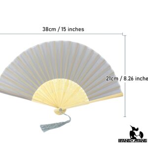 FANSOF.FANS Fabric Handheld Folding Hand Fan With a Tassel Grade A Bamboo Ribs for Women Girls Summer Party Event Favor Birthday Wedding Souvenir Gift (Baby Grey)