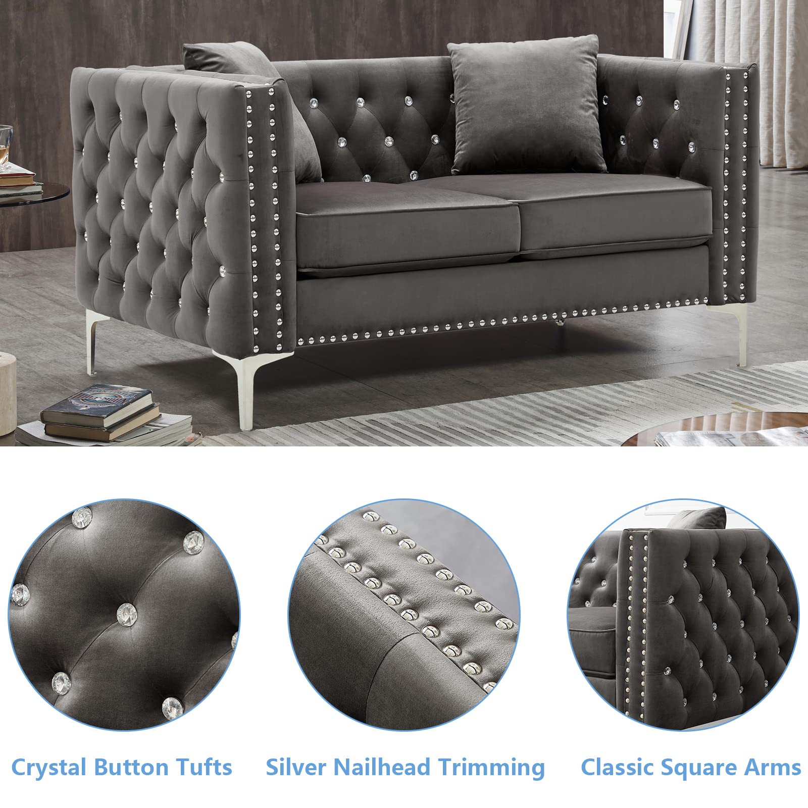 mikibama Velvet Sofa Set, Jeweled Button Tufted 3 Seater Couch and Loveseat with Nailhead Trim and 4 Pillows Square Arm Sofa with Metal Legs for Living Room (Gray)