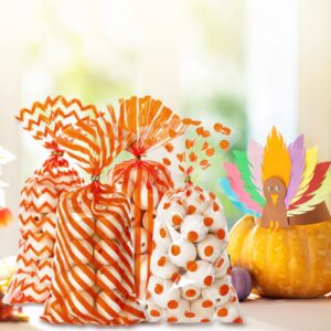 Whaline 160Pcs Fall Cellophane Treat Bags Orange Stripe Wave Dot Candy Plastic Goody Bags Autumn Cookie Snack Packing Decor with Twist Ties for Autumn Thanksgiving Birthday Party Favor, 5.1 x 10.6in