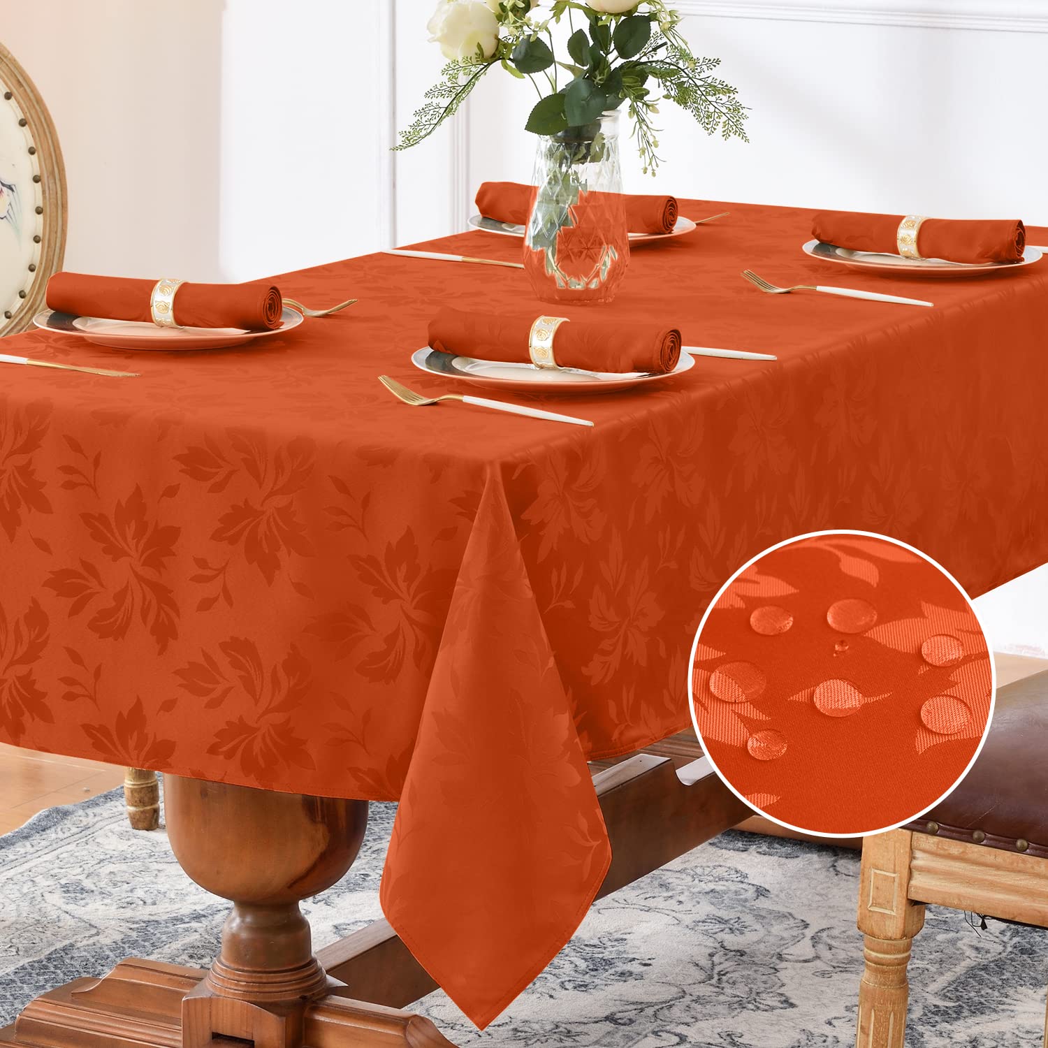 Romanstile Fall Jacquard Rectangle Tablecloth - Thanksgiving Harvest Waterproof Table Cloths Autumn Heavy Weight Fabric Table Covers for Dinner/Parties/Holiday - 52 x 70 Inch, Burnt Orange