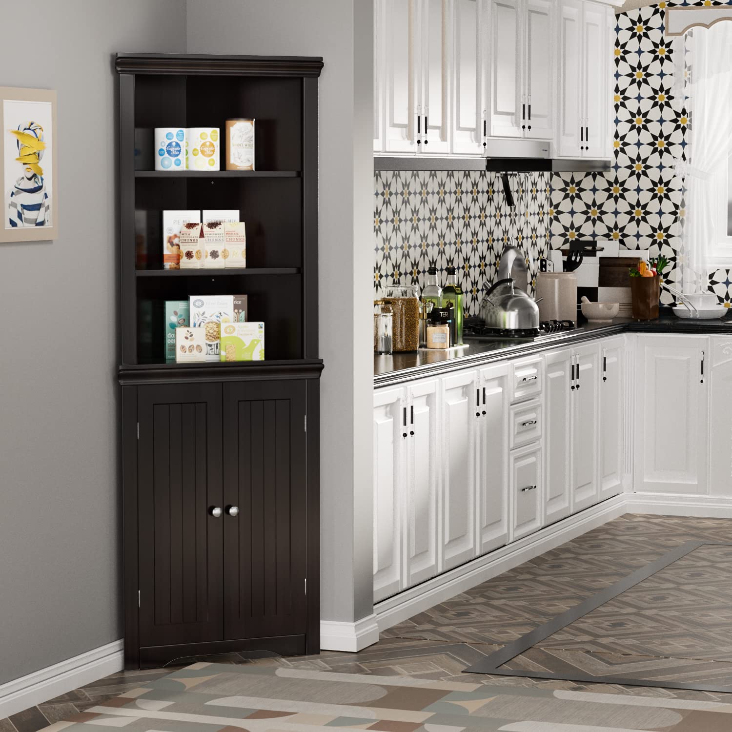 JUMMICO Corner Cabinet, Espresso, with 2 Doors and 3 Tier Shelves, Free Standing, Storage for Bathroom, Living Room, Bedroom or Kitchen