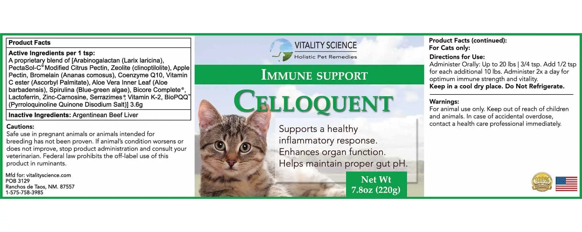 Vitality Science Celloquent for Cats | Enhanced Immune Support Formula | Maintains Proper Gut pH | Boosts Organ Function | Aids Cleansing and Healthy Inflammatory Response