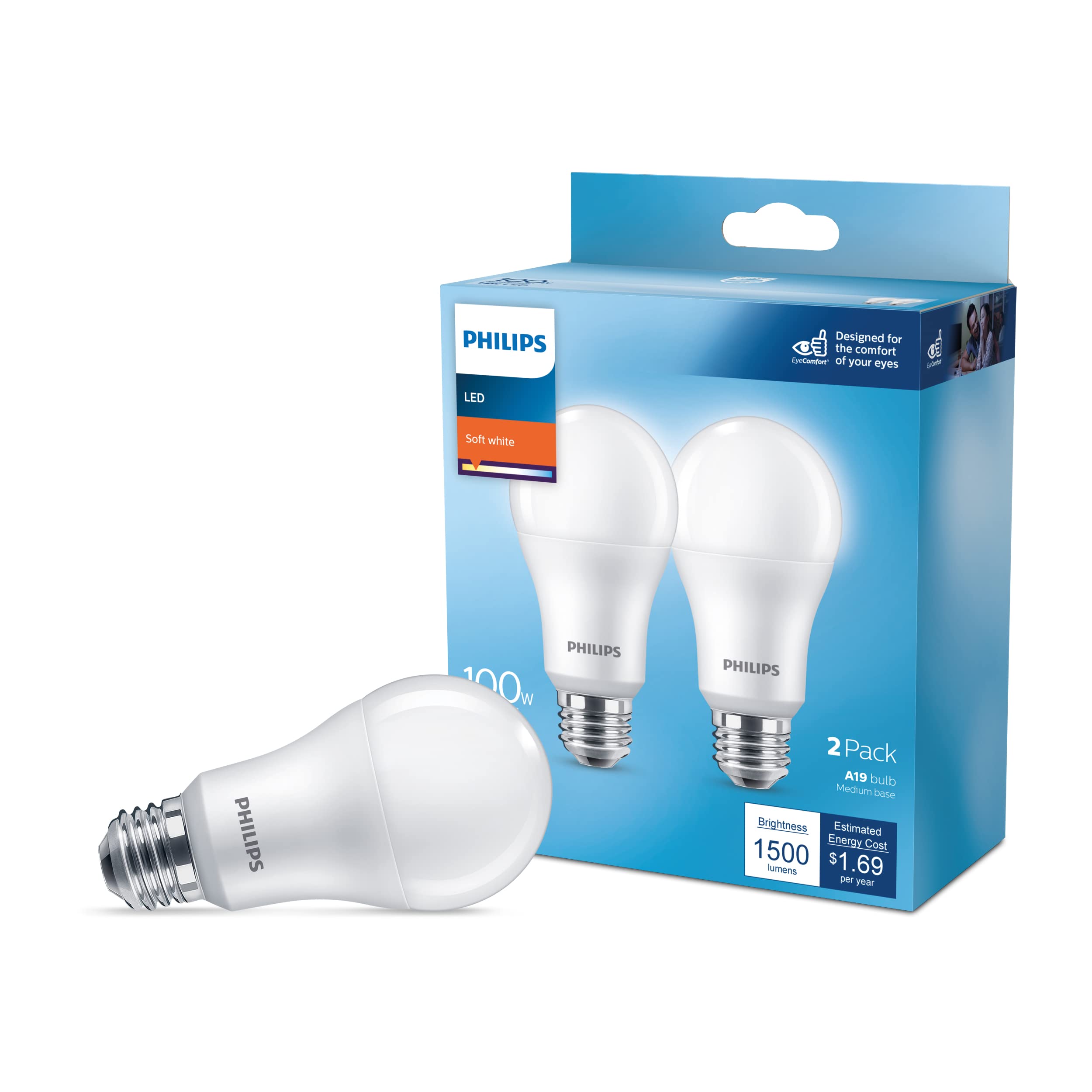 PHILIPS LED Basic Frosted Non-Dimmable A19 Light Bulb - EyeComfort Technology - 1500 Lumen - Soft White (2700K) - 14W=100W - E26 Base - Title 20 Certified - Indoor - 4-Pack