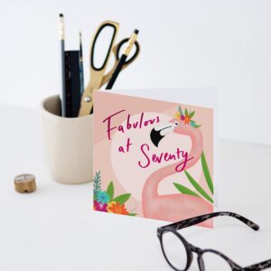 Old English Co. Pink Flamingo 70th Birthday Card - Seventieth Birthday Cards for Women | Mum, Sister, Grandmother | Blank Inside & Envelope Included