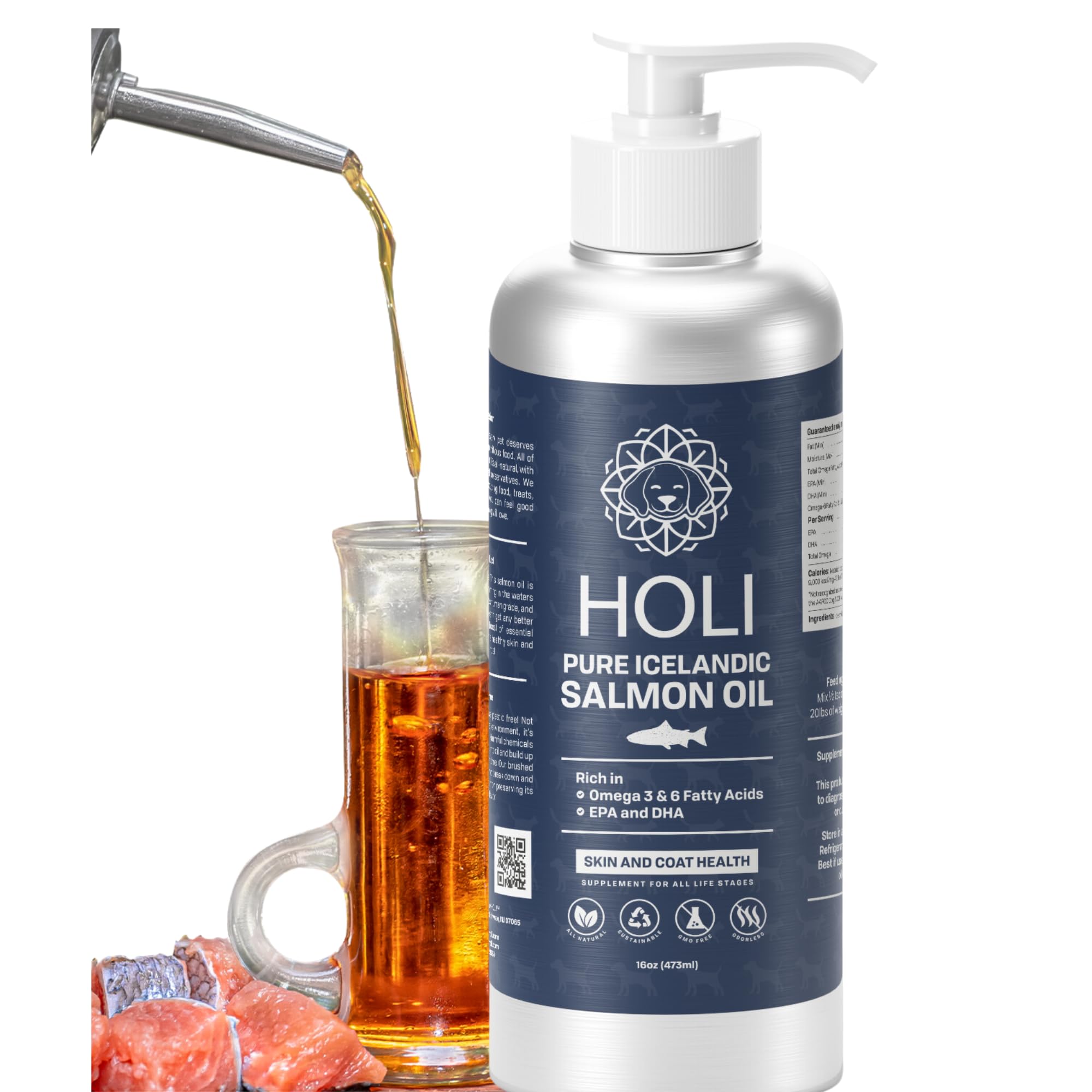 HOLI Salmon Oil for Dogs Skin and Coat | Icelandic Fish Oil for Cats & Dogs | Omega 3 EPA + DHA Supports Joint Mobility, Immune & Heart Health