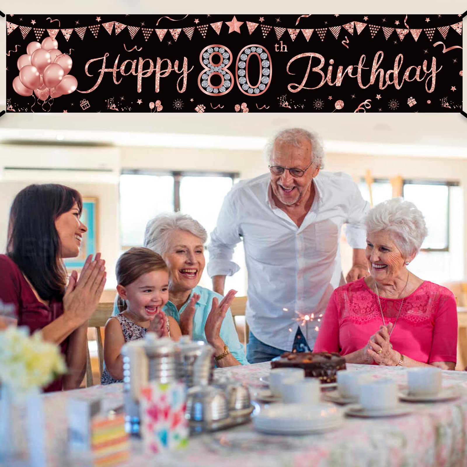 Happy 80th Birthday Banner Decorations for Women, Rose Gold 80 Birthday Sign Party Supplies, 80 year old Theme Bday Photo Poster Decor for Outdoor Indoor