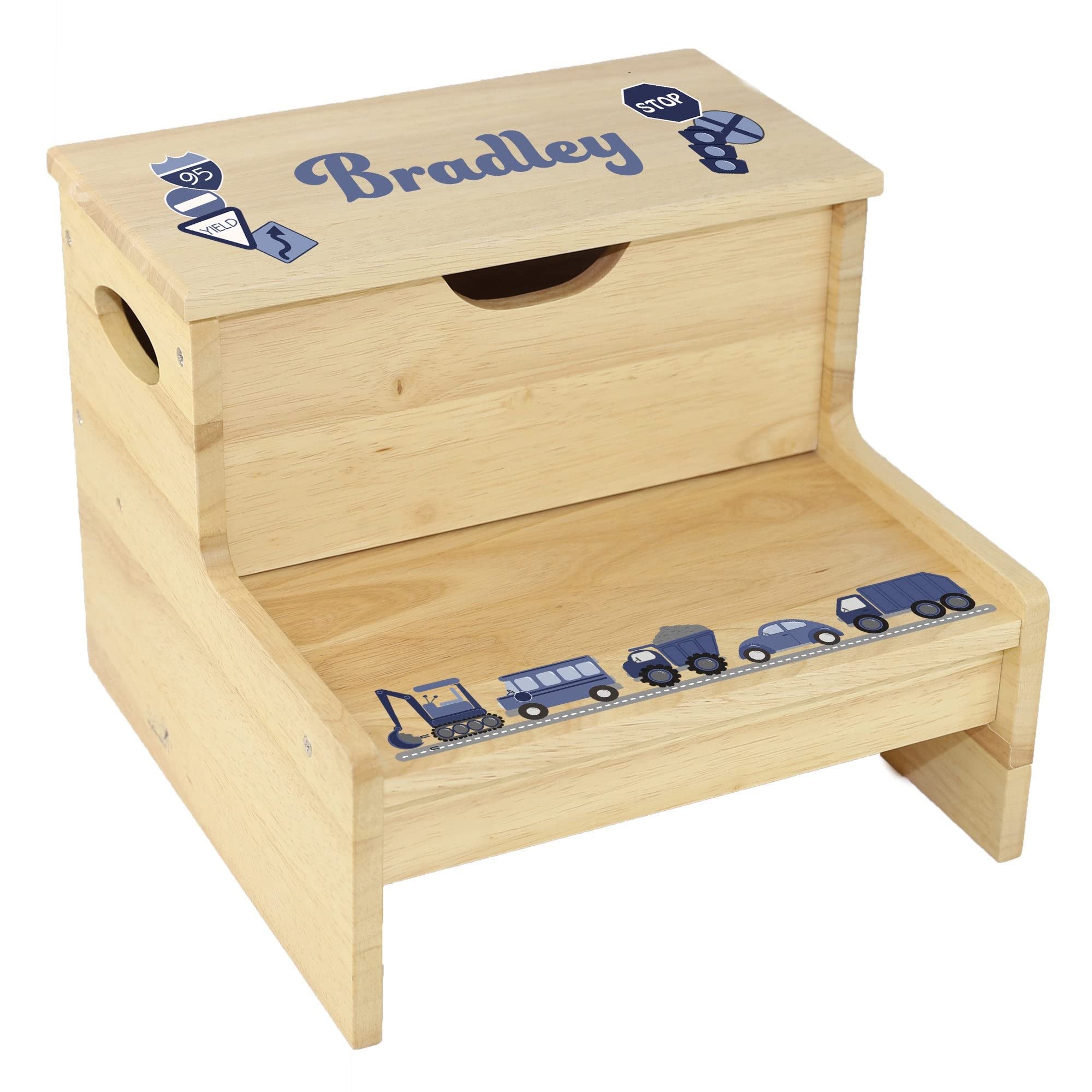 Boy's Personalized Wood Transportation Step Stool with Storage - 2 Steps Boys Navy Gray