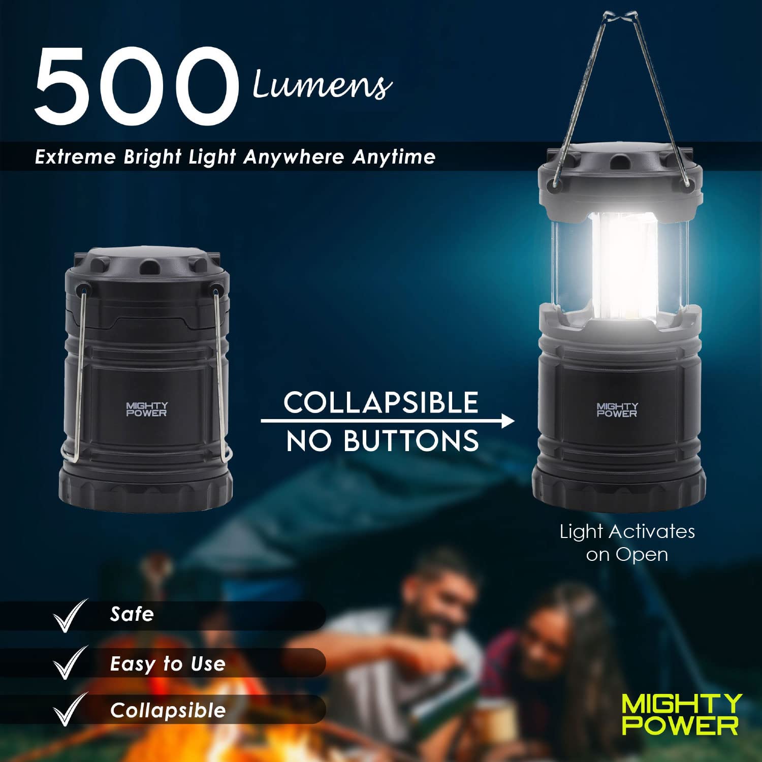 Ultra Bright Portable Collapsible Camping LED Lantern Light by Mighty Power, for Hiking, Blackouts, Picnic Party and Emergency up to 12 Hours with 3AA Batteries Included, Lightweight Design, Black