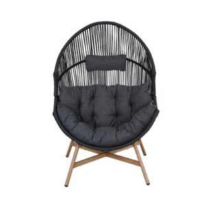 Grand patio Outdoor & Indoor Egg Chair 2PC, PE Wicker Open Weave Wood Grain Finish Oversized Egg Cocoon Chairs with Stand Lounge Chair Comfortable for Front Porch, Living Room, Bedroom (Dark Grey 2PC)