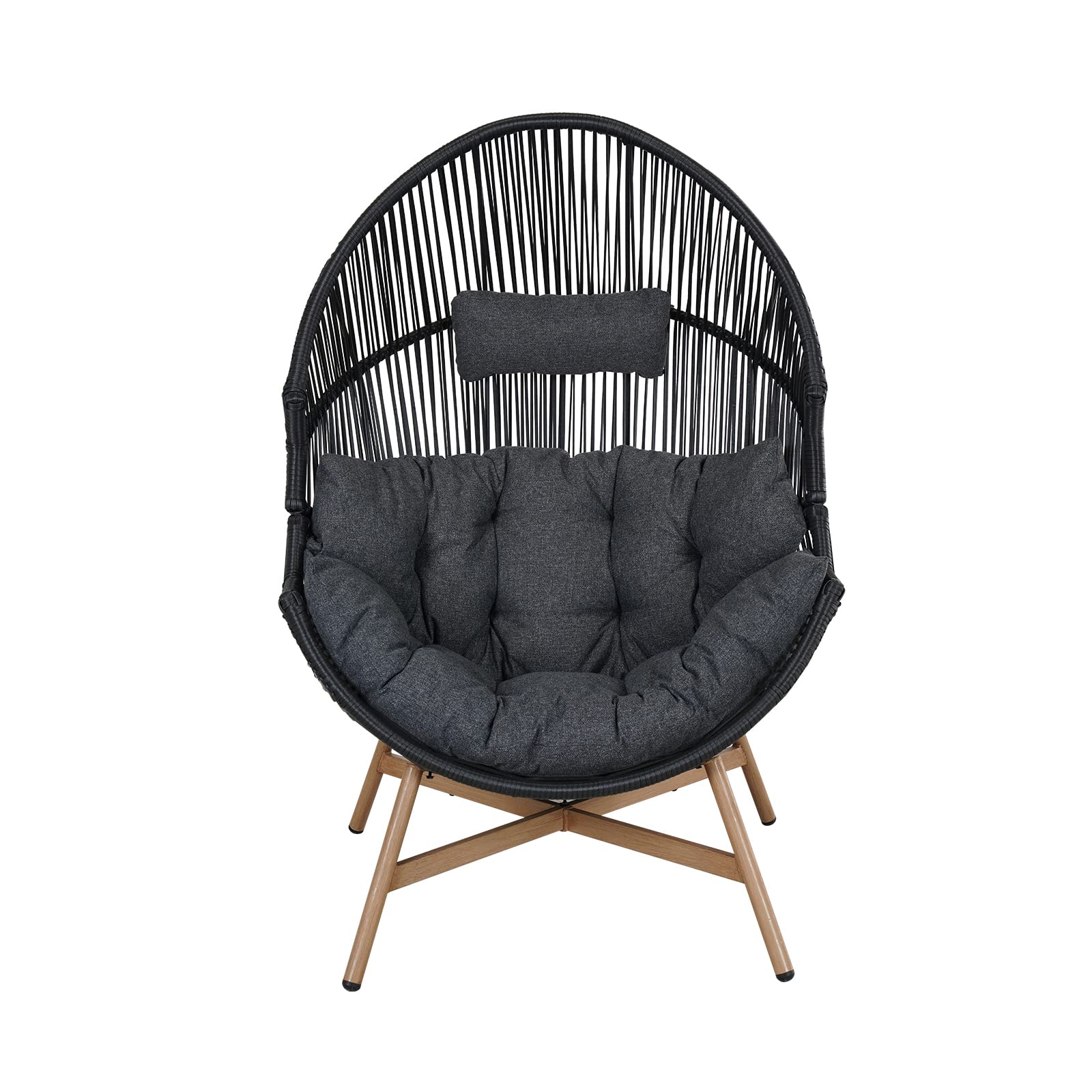 Grand patio Outdoor & Indoor Egg Chair 2PC, PE Wicker Open Weave Wood Grain Finish Oversized Egg Cocoon Chairs with Stand Lounge Chair Comfortable for Front Porch, Living Room, Bedroom (Dark Grey 2PC)