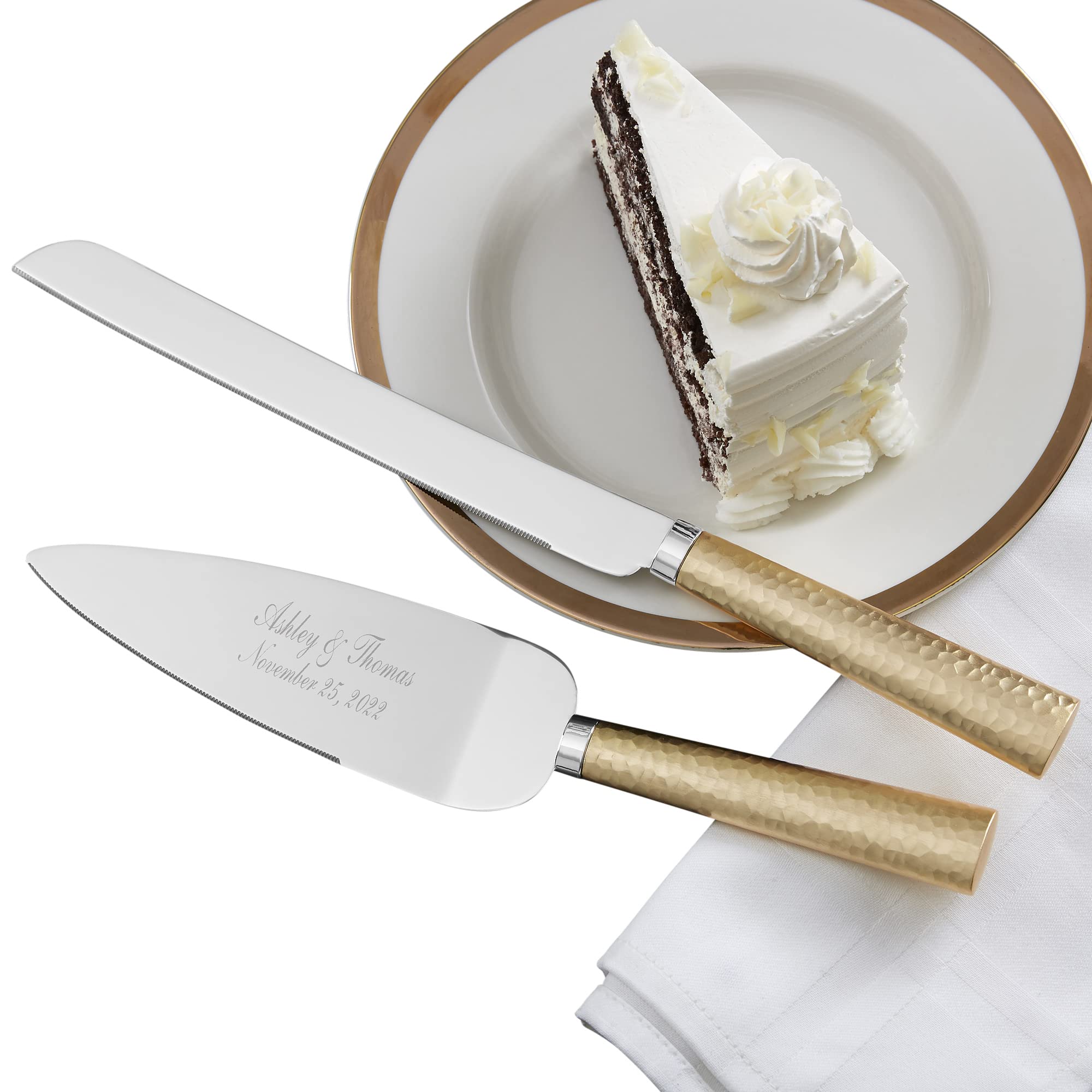 Personalization Universe Gold Hammered Personalized Wedding Cake Knife & Server Set, Engraved with Names and Date, Elegant Gold Decor for Wedding Reception and Cake Cutting